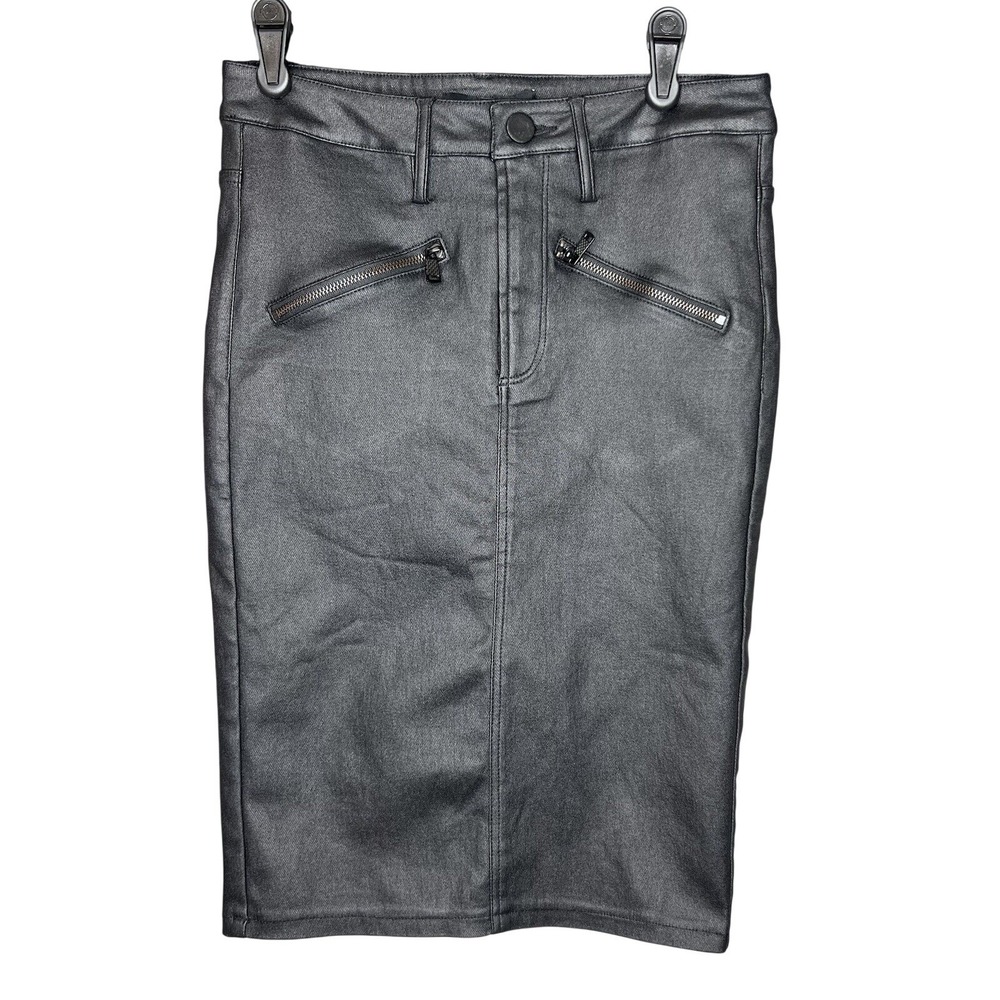 ANGL Black Coated Denim Pencil Skirt High Waisted Faux Leather Look Small